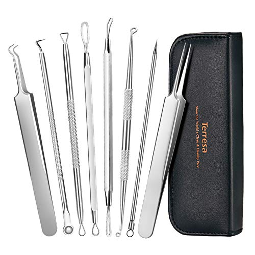 Blackhead Remover Pimple Popper Tool Kit, Terresa 8pcs Blackhead Tweezer Pimple Extractor Acne Removal Tools with Leather Bag, Comedone Extractor for Nose Face Blemish Whitehead Popping Zit Removing
