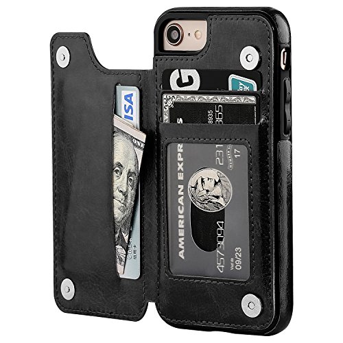 OT ONETOP iPhone 8 Wallet Case with Card Holder, iPhone 7 Case iPhone SE(2020) Wallet Premium PU Leather Kickstand Card Slots,Double Magnetic Clasp and Durable Shockproof Cover 4.7 Inch(Black)