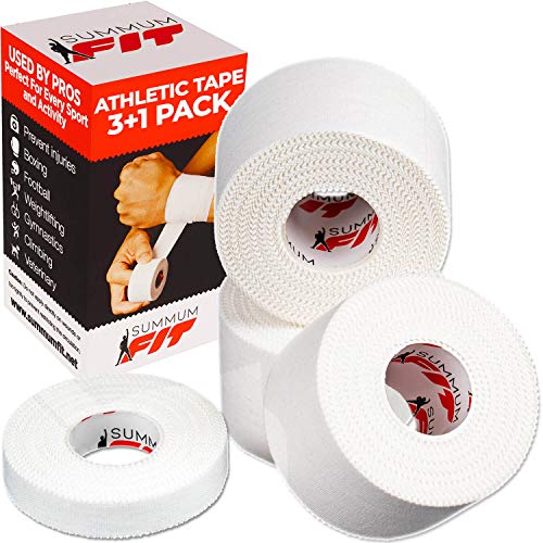 Athletic Tape White Extremely Strong: 3 Rolls + 1 Finger Tape. Easy to Apply & No Sticky Residue. Sports Tape for Boxing, Football or Climbing. Enhance Wrist, Ankle & Hand Protection Now (White)