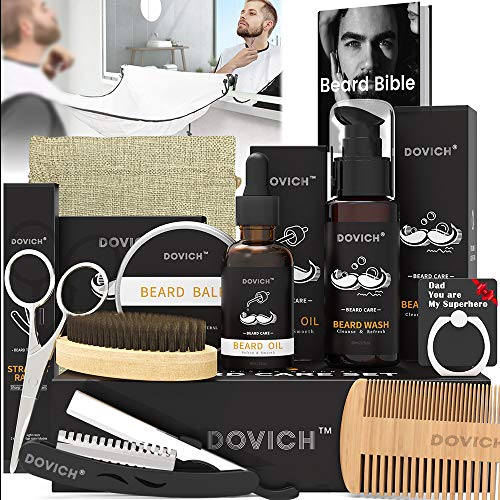 12 In 1 Beard Grooming Care Kit For Men, Dovich 100% Natural Beard Oil Leave-in Conditioner,Beard Apron Bib,Beard Razor,Beard Shampoo, Beard Balm, Beard Brush
