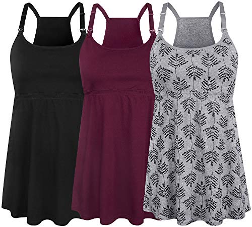 SUIEK Women's Nursing Tank Top Cami Maternity Bra Breastfeeding Shirts (Medium, Black+Burgundy+Grey Print - Fourth Style)