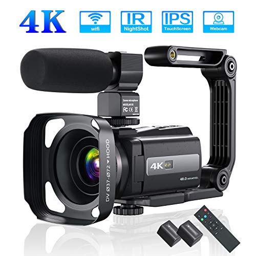 4K 60FPS Video Camera Camcorder Ultra HD 48MP YouTube Camera Vlogging WiFi Digital Camera Recorder IPS Touch Screen IR Night Shot Camcorder with Microphone, 2.4 G Remote, Stabilizer, Hood, Batteries