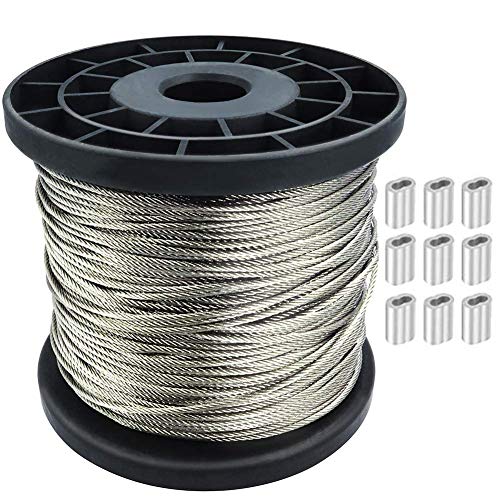 1/16 Wire Rope, 304 Stainless Steel Wire Cable, 250FT Length Aircraft Cable, 7x7 Strand Core, 368 lbs Breaking Strength, with 120 Pcs Aluminum Crimping Clamps Loop Sleeve