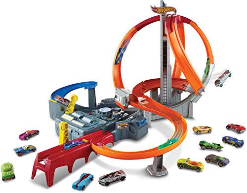 Hot Wheels Spin Storm Track Set Orange Track High Speed Multi-Lane Loops Motorized Booster Ages 6 and Older