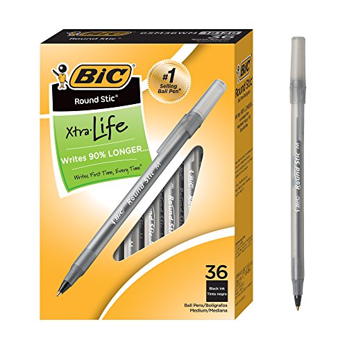 BIC Round Stic Xtra Life Ballpoint Pen, Medium Point (1.0mm), Black, 36-Count