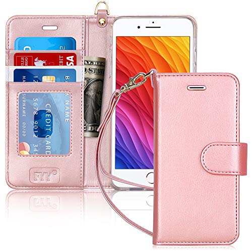 FYY Case for iPhone 6S Plus/iPhone 6 Plus (5.5'), [Kickstand Feature] Luxury PU Leather Wallet Case Flip Folio Cover with [Card Slots][Wrist Strap] for iPhone 6S+ Plus/iPhone 6+ Plus (5.5') Rose Gold