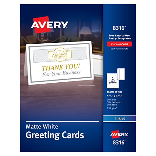 Avery Half-Fold Greeting Cards, Inkjet, 5.5 x 8.5, Matte White, Box of 30, Envelopes Included (8316)