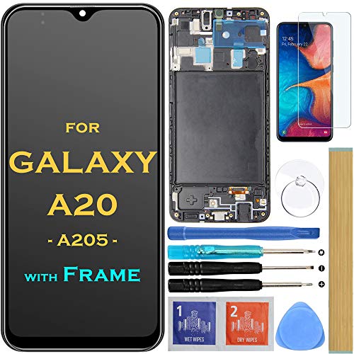 Screen Replacement LCD Display Touch Digitizer Assembly with Frame for Samsung Galaxy A20 A205 SM-A205F/DS SM-A205U A205FN A205GN/DS A205YN A205G/DS SM-A205W 6.4' (Black with Frame)