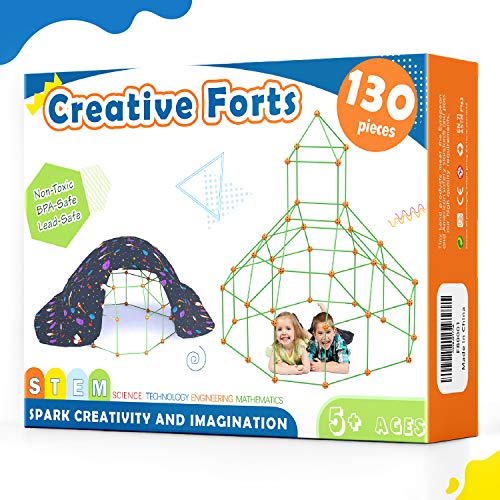 Tiny Land Kids-Fort-Building-Kits-130 Pieces-Creative Fort Toy for 5,6,7 Years Old Boy & Girls- Learning Toys DIY Building Castles Tunnels Play Tent Rocket Tower Indoor & Outdoor