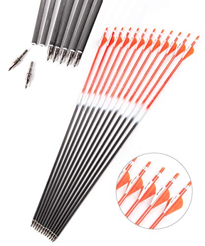 TOPOINT ARCHERY Outdoors Pure Carbon 30inch Shaft Removable Arrows with Field Points Replaceable Tips for Recuve & Compound Bow Practice Hunting Arrows (Orange-White Color Pure Carbon 30inch-12pcs)