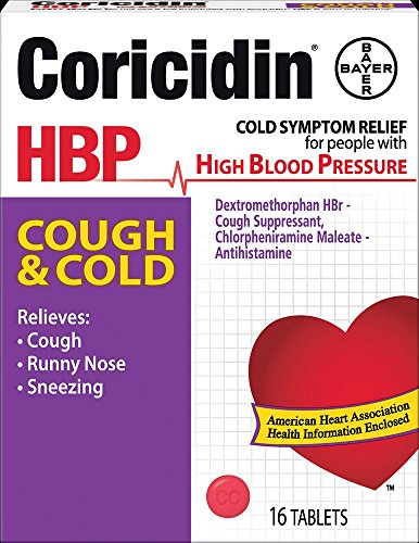 Coricidin HBP Decongestant-Free Cough and Cold Medicine for Hypertensives, Cold Symptom Relief for People with High Blood Pressure, 325 mg Acetaminophen Tablets (16 Count)