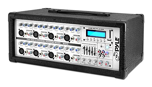 8-Channel Microphone System Powered Mixer - 800 Watts Power Peak AUX (3.5mm) Input Connector SD Memory Card & USB Flash Drive Readers 5-Band Graphic Equalizer LCD Display w/ Cooling Fan - Pyle PMX802M