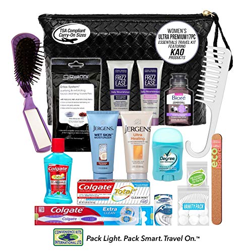 Convenience Kits International, Women’s 17 PC Premium Assembled Toiletry Kit Featuring: JOHN FREIDA/JERGENS/BIORE Hair, Face and Body Travel Size Products in Reusable Toiletry Bag