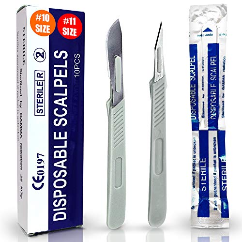 Disposable Scalpel 10 and 11, Pack of 10 Dermaplaning Blades w. Plastic Handle, Surgical Knife Scalpel, Carbon Steel Dermablade Surgical Blades Individually Wrapped 5x10 Blade and 5x11 Blade, Sterile