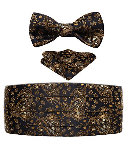 Enmain Men's Formal Cummerbund & Bowtie & Pocket Square Set-Various Colors Floral Pattern Gold