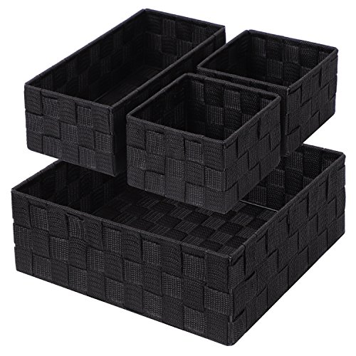 Posprica Woven Storage Box Cube Basket Bin Container Tote Organizer Divider for Drawer,Closet,Shelf, Dresser,Set of 4 (Black)
