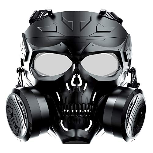 VILONG M10 Airsoft Tactical Protective Mask, Toxic Gas Mask Safety Eye Protection Skull Dummy Game Mask with Dual Filter Fans Adjustable Strap for BB Gun CS Cosplay (Black)