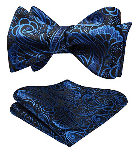 HISDERN Men's Paisley Jacquard Wedding Party Self Bow Tie Pocket Square Set One Size Blue/Black