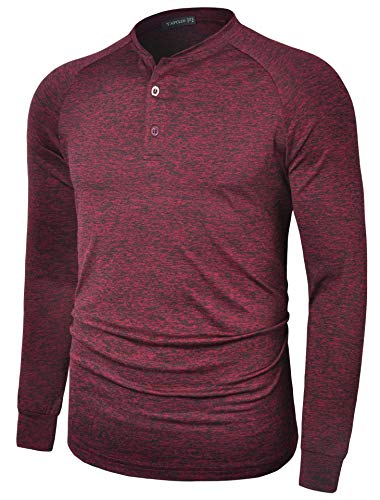 TAPULCO Collarless Golf Shirts for Men Quick Dry Casual Polo Long Sleeve Athletic Shirt Heather Wine Medium