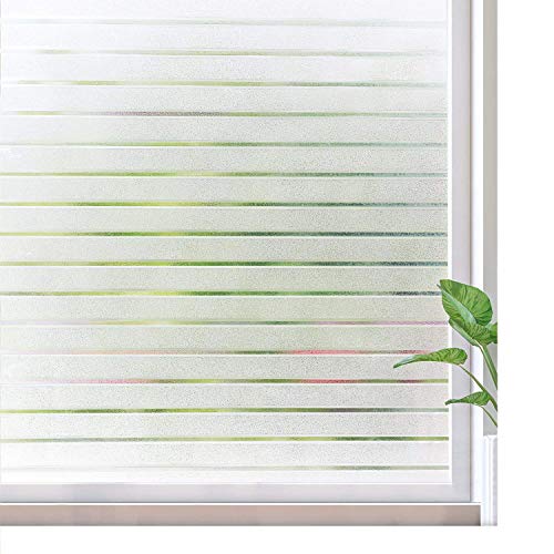 rabbitgoo Frosted Window Film Static Cling Decorative Glass Film UV Protection Window Privacy Film Non Adhesive Window Cling for Home Office Meeting Room, Frosted Stripe Patterns, 35.4 x 78.7 inches