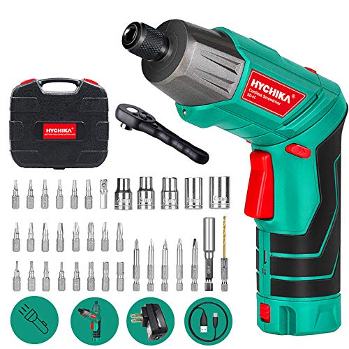 Cordless Screwdriver 6 N.m, HYCHIKA 3.6V 2.0Ah Electric Screwdriver, Front LED and Rear Flashlight, Ratchet Wrench, DC Charging with USB Cable, 36pcs Accessories, Carrying Box