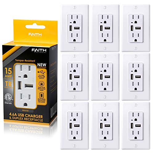 Faith [10-Pack] 4.6A USB Outlet High Speed Charger, 15A Tamper-Resistant Receptacle with Wall Plate, 2 Outlets & 2 USB Ports, Compatible w/iPhone, iPad, Android, Samsung Devices & More, 10-Pack, White