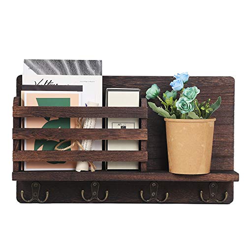 Jingchen Wall Mounted Mail Holder with 4 Double Key Hooks Brown Wooden Mail Sorter Letter Bills Magazine Organizer and Floating Shelf Rustic Home Decor for Entryway, Mudroom, Hallway,Office