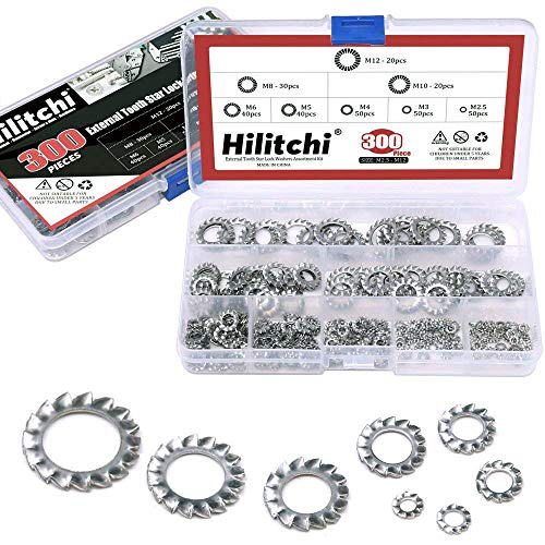 Hilitchi 300-Pcs 304 Stainless Steel External Tooth Star Lock Washers Assortment Kit - Included: M2.5 M3 M4 M5 M6 M8 M10 M12