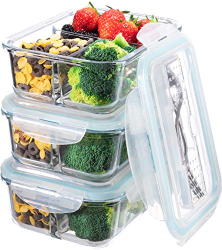 Glass Meal Prep Containers 3 Compartment - Bento Box Glass Lunch Containers - Meal Prep Glass Container - Food Storage Containers with Lids - Portion Control Food Containers Glass(3-Pack,36 OZ)