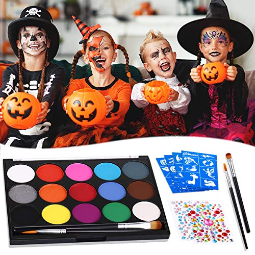 Face Painting Kits for Kids Body Paints for Adults 15 Colors2020 NewestWater Based Paint, 4 Brushes, 6 Stencils, Face Paint Makeup Palette Safe Non-Toxic Birthday Halloween Makeup Kit