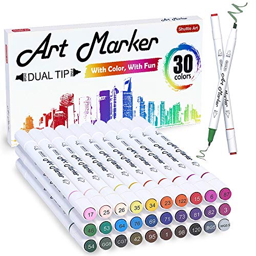 30 Colors Dual Tip Alcohol Art Markers,Shuttle Art Alcohol Marker Pens Perfect for Kids Adult Coloring Books Sketching and Card Making