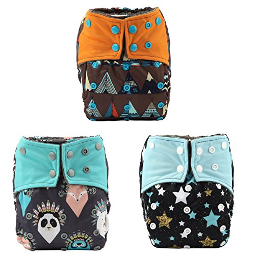 Sigzagor 3 AIll in One Night AIO Cloth Diapers Nappies Built in Charcoal Bamboo Insert Reusable Washable for Boys (Teepee Stars)