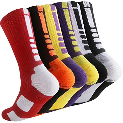 Thsbird Mens Outdoor Sport Cushion Basketball Crew Socks,Dri-Fit Mid-Calf Compression Athletic Ankle Socks Boy Girl, 6 Pack - Style a, US Shoe Size 6-11