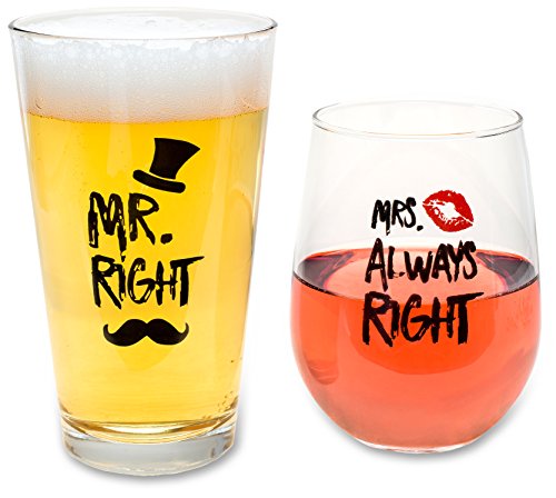 Funny Wedding Gifts - Mr. Right and Mrs. Always Right Novelty Wine Glass and Beer Glass Combo - Engagement Gift for Couples