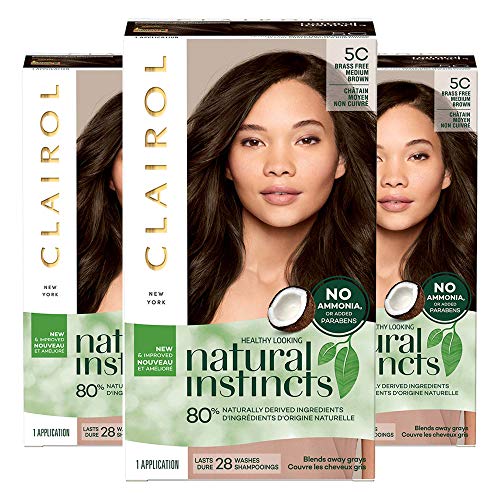 Clairol Natural instincts Permanent Hair Color, 5C Brass Free Medium Brown, Peppercorn, Pack of 3