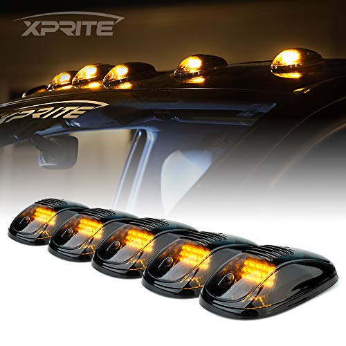 Xprite 5 Pcs 12 LEDs Amber Yellow LED Cab Roof Top Marker Running Clearance Light Assembly for Ford Dodge Ram Trucks SUV POV Pickup (Black Smoked Lens)