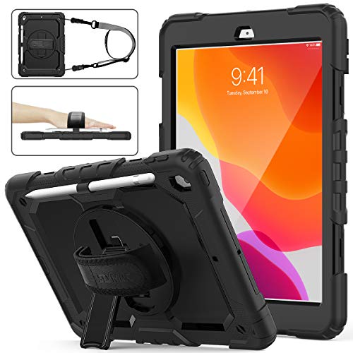 SEYMAC Stock iPad 8th/7th Generation Case, Three Layer Hybrid Drop Protection Case with [360 Rotating Stand] Hand Strap &[Stylus Pencil Holder] for 2020/2019 New iPad 8 /7 Generation 10.2 Inch (Black)