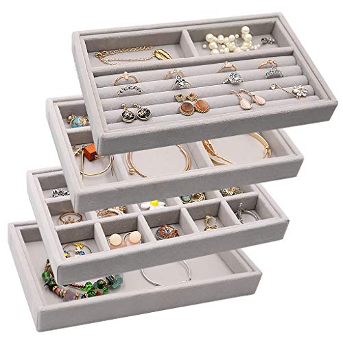 Velvet Jewelry Drawer Inserts Trays, Earring Organizer Stackable Jewelry Display Trays, Box Ring Holder Necklace Case, Storage for Bracelet Brooch Watch, Set of 4 (Gray)