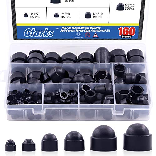 Glarks 160Pcs Black Bolt Covers Screw Caps Assortment Kit, M4 M5 M6 M8 M10 M12 Nylon Acorn Dome Protection Caps for Protecting Hexagon Shaped Screws Bolts (Black)