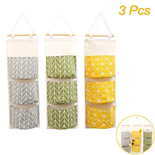 3Pcs Wall Hanging Storage Bag, Creatiee Waterproof Over The Door Closet Organizer| Linen Farbric Hanging Pocket Organizer with 3 Remote-Sized Width Pockets for Bedroom, Bathroom