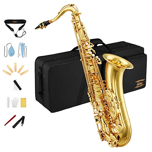 Eastar Student Tenor Saxophone Sax B Flat TS-Ⅱ Gold Lacquer Beginner Full Kit With Carrying Sax Case Mouthpiece Straps Reeds Stand Cork Grease