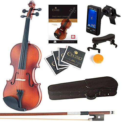 Mendini Full Size 4/4 MV300 Solid Wood Violin with Tuner, Lesson Book, Extra Strings, Shoulder Rest, Bow and Case, Satin Antique Finish