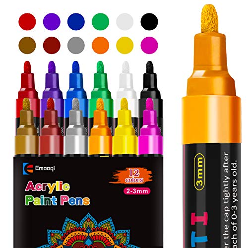 Acrylic Paint Pens, Emooqi Set of 12 Pcs Paint Markers Pens for Rocks, Craft, Ceramic, Glass, Wood, Fabric, Canvas -Art Crafting Supplies