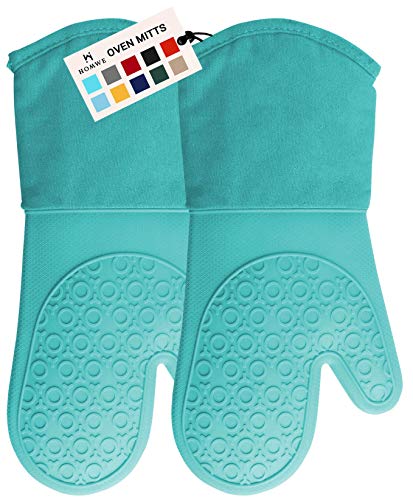 HOMWE Silicone Oven Mitts and Pot Holders (4-Piece Set) Heavy Duty Cooking Gloves, Kitchen Counter Safe Trivet Mats | Advanced Heat Resistance, Non-Slip Textured Grip (Turquoise)