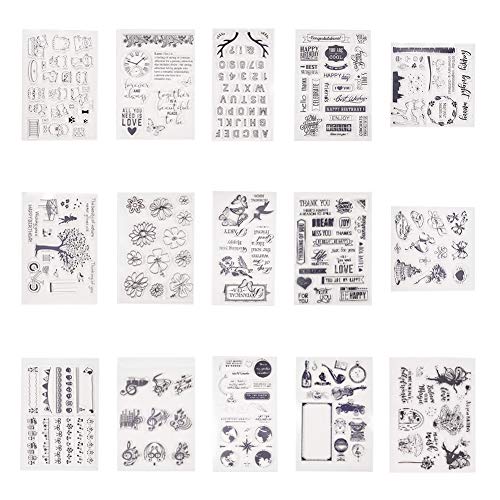 PH PandaHall 15 Sheets Silicone Clear Stamps Seal for Cards Making DIY Scrapbooking Photo Card Album Decoration(Christmas Theme,Alphabet A-Z, Number 0-9, Butterfly, Flower, Musical Note, Cat, Dog)
