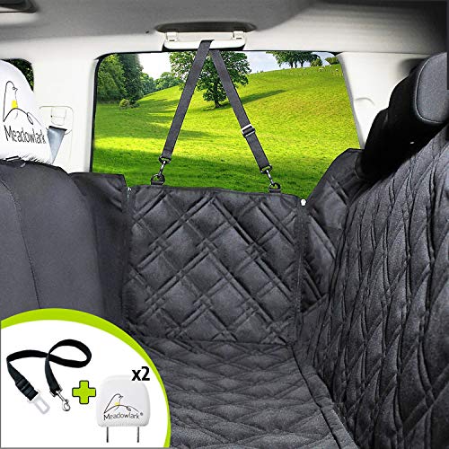 Meadowlark Dog Seat Covers Unique Design & Entire Car Protection-Doors,Headrests & Backseat. Extra Durable Zippered Side Flap, Waterproof Pet Seat Cover + Seat Belt & 2 Headrest Protectors as a Gift