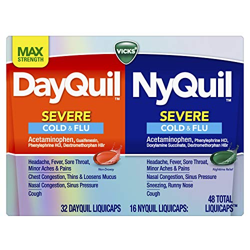 Vicks DayQuil and NyQuil SEVERE Cough, Cold and Flu Relief, 48 LiquiCaps (32 DayQuil and 16 NyQuil) - Sore Throat, Fever, and Congestion Relief, Day or Night (Packaging May Vary)