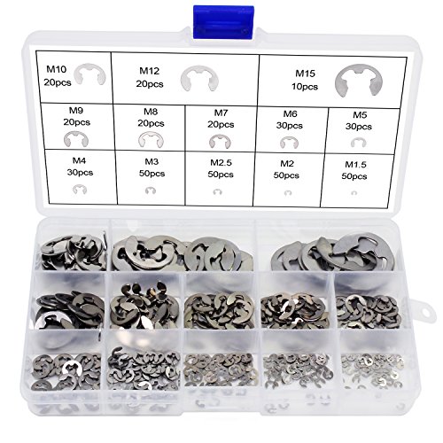 OCR E-Clip Circlip Ring 13 Sizes 400 Pieces External Stainless Steel Retaining Ring Assortment Kit, Silver