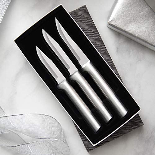 Rada Cutlery Paring Knife Set 3 Knives with Stainless Steel Blades and Brushed Aluminum Made in The USA, 7 1/8', 6 3/4', 6 1/8', Silver Handle