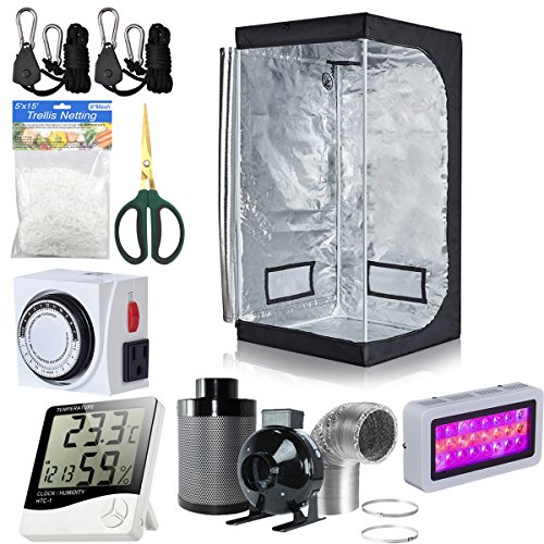 BloomGrow 32''x32''x63'' Grow Tent + 4'' Inline Fan Filter Duct Combo + 300W LED Light + Hangers + Hygrometer + Shears + 24 Hour Timer + Trellis Netting Indoor Grow Tent Complete Kit